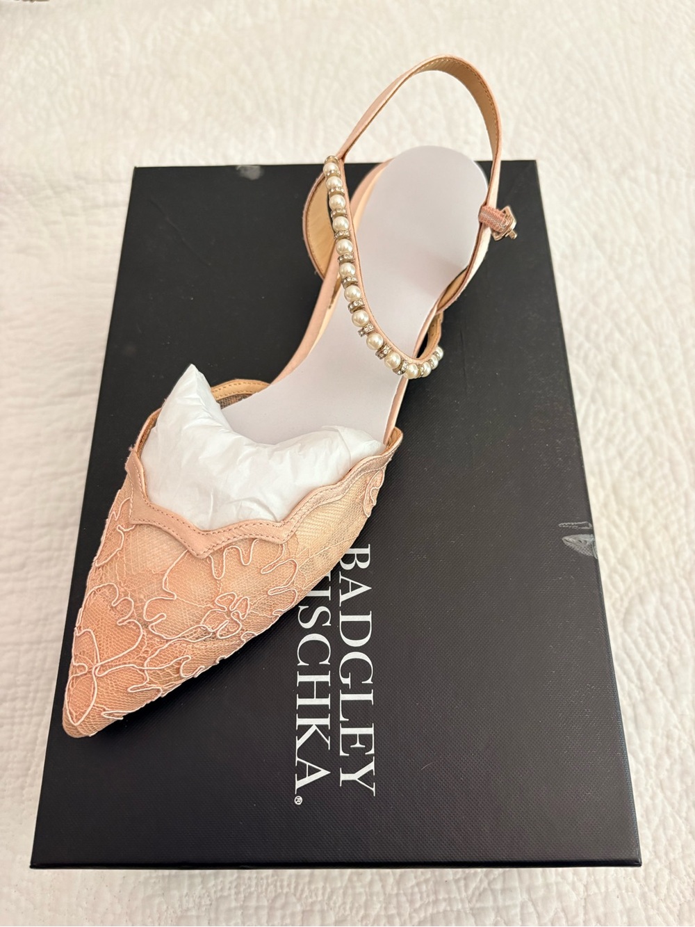 Badgley Mischka Blush Lace Pointed-Toe Lennon Slingback Flats with Pearl Strap